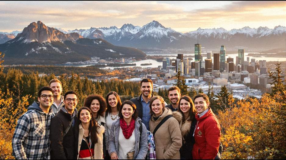 Diverse group of immigrants in Canadian landscape